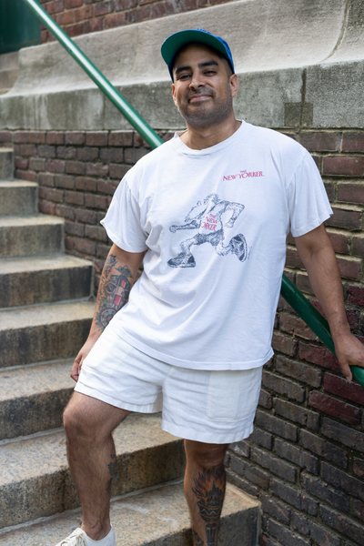 New Yorker Andrew Short, 41, in a white vintage NYC t-shirt