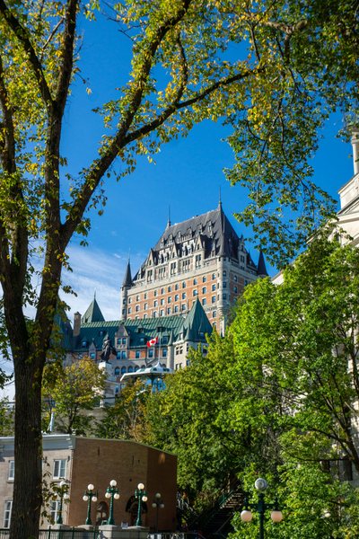 Historical landmark building hotel Fairmont Le Château Frontenac in Old Tow of Quebec City, Canada