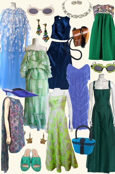 a blue and green collage of vintage finds made by Trash Panic 