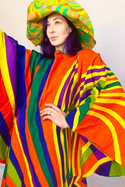 Lexie Griffith in a vintage striped Marimekko 70s gown